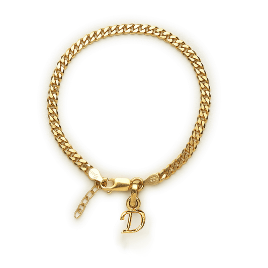 Akshat Sapphire 22KT gold plated 92.5% pure Sterling Silver Curb Designer Bracelet with D Alphabet for Girls and Women