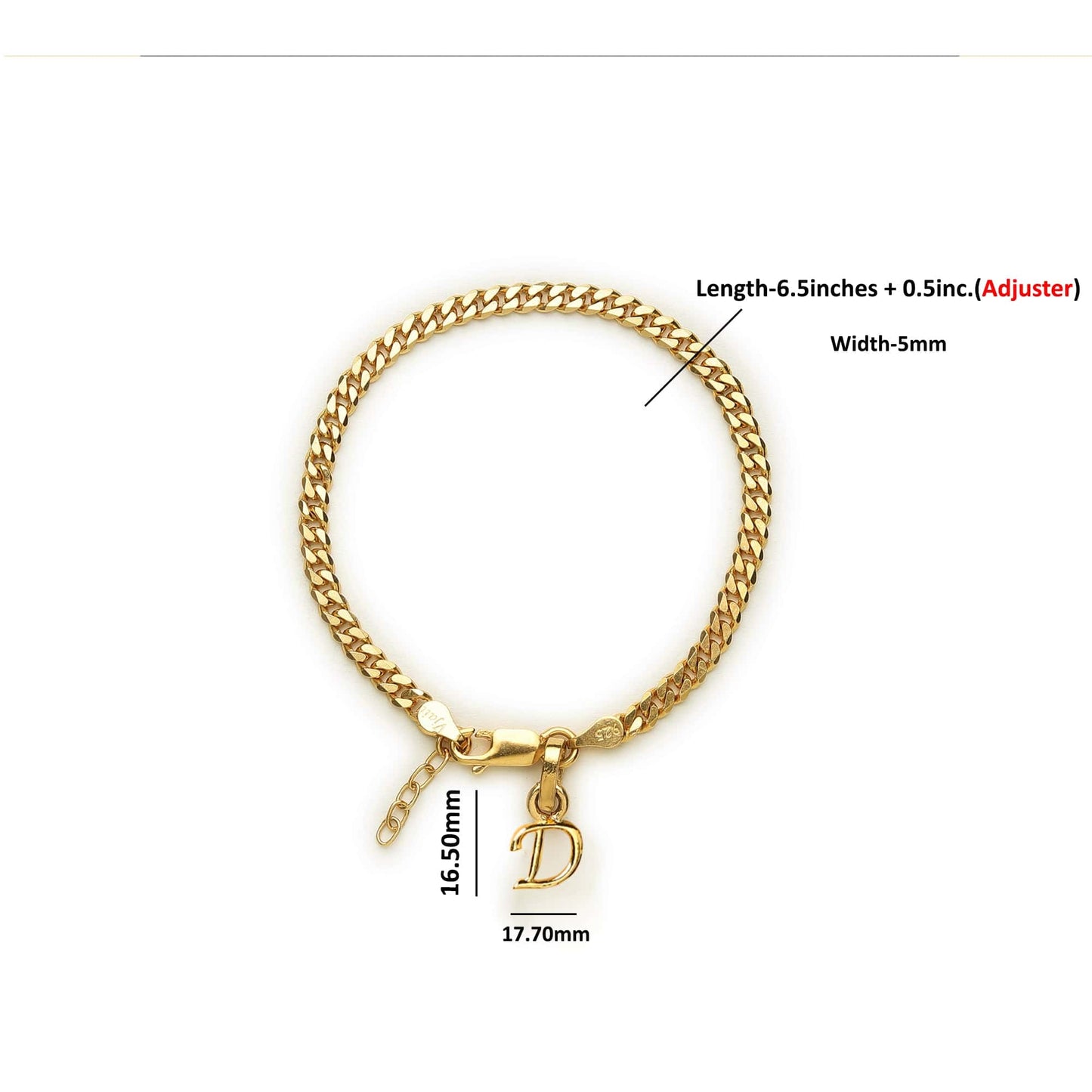 Akshat Sapphire 22KT gold plated 92.5% pure Sterling Silver Curb Designer Bracelet with D Alphabet for Girls and Women