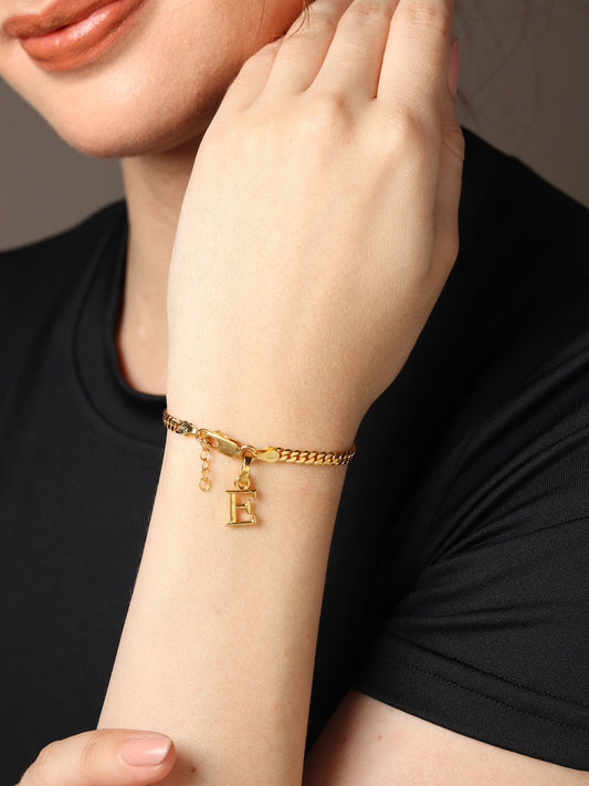 Akshat Sapphire 22KT gold plated 92.5% pure Sterling Silver Curb Designer Bracelet with E Alphabet for Girls and Women