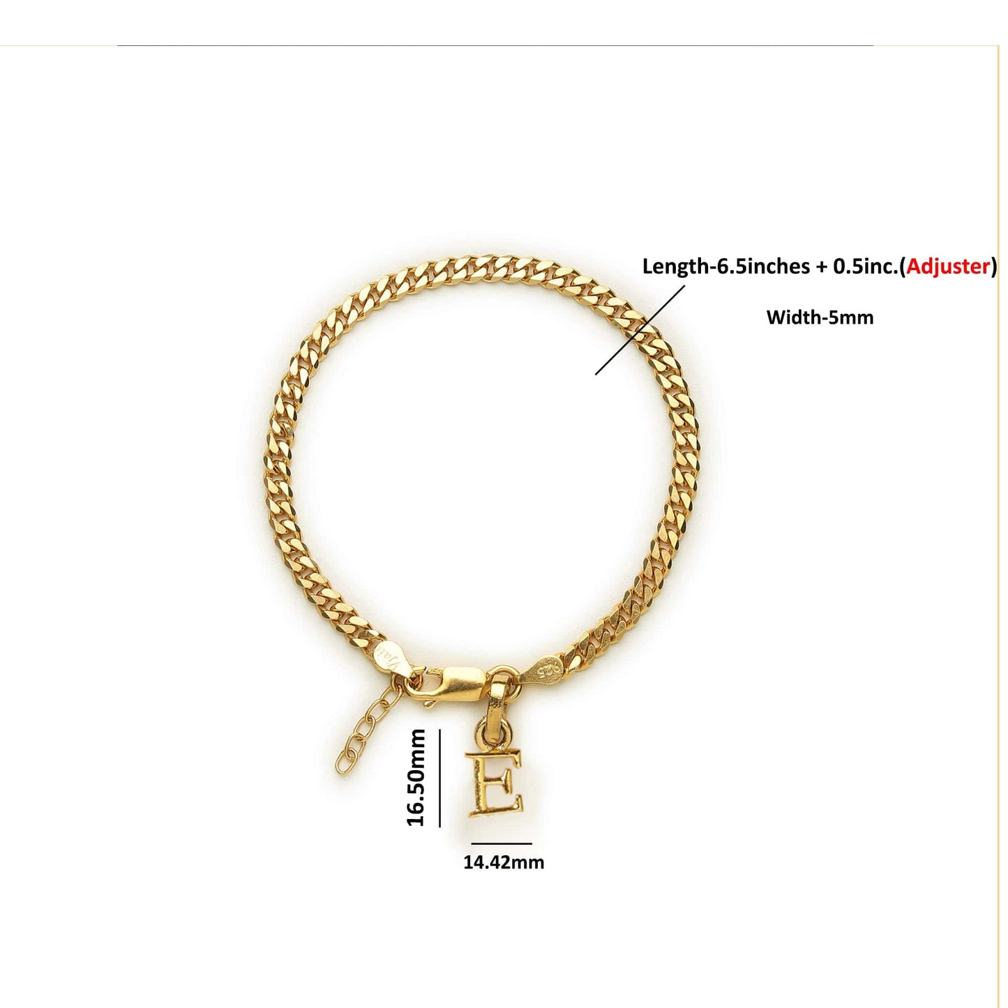 Akshat Sapphire 22KT gold plated 92.5% pure Sterling Silver Curb Designer Bracelet with E Alphabet for Girls and Women