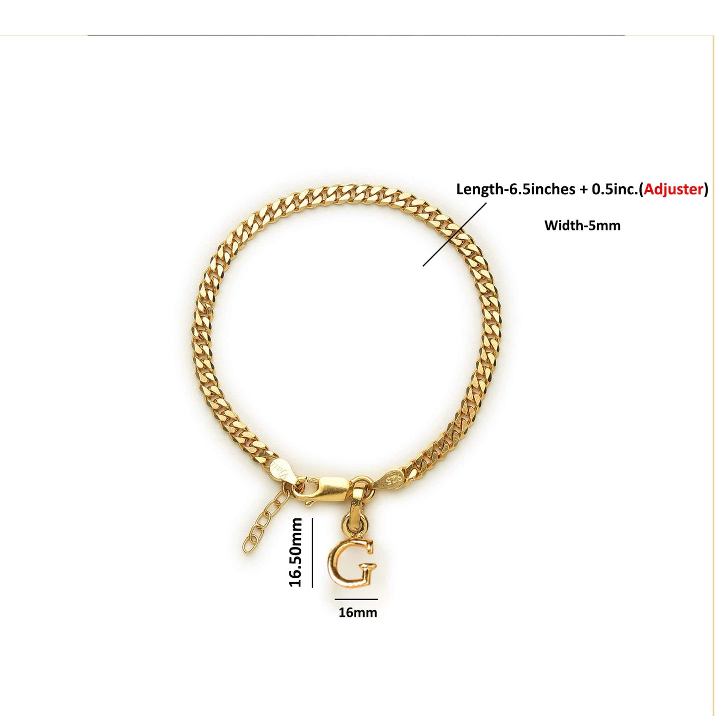 Akshat Sapphire 22KT gold plated 92.5% pure Sterling Silver Curb Designer Bracelet with G Alphabet for Girls and Women