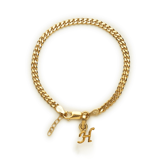 Akshat Sapphire 22KT gold plated 92.5% pure Sterling Silver Curb Designer Bracelet with H Alphabet for Girls and Women