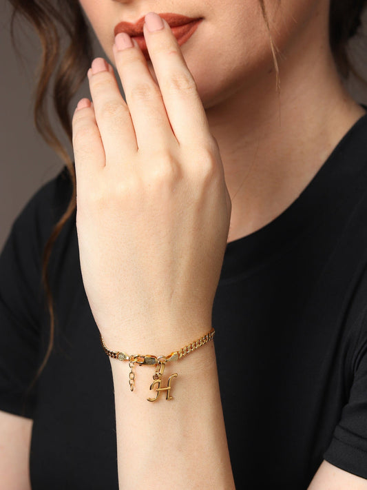 Akshat Sapphire 22KT gold plated 92.5% pure Sterling Silver Curb Designer Bracelet with H Alphabet for Girls and Women