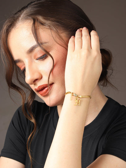 Akshat Sapphire 22KT gold plated 92.5% pure Sterling Silver Curb Designer Bracelet with H Alphabet for Girls and Women