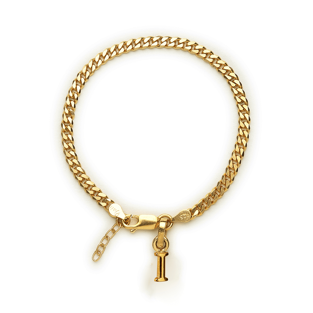 Akshat Sapphire 22KT gold plated 92.5% pure Sterling Silver Curb Designer Bracelet with I Alphabet for Girls and Women