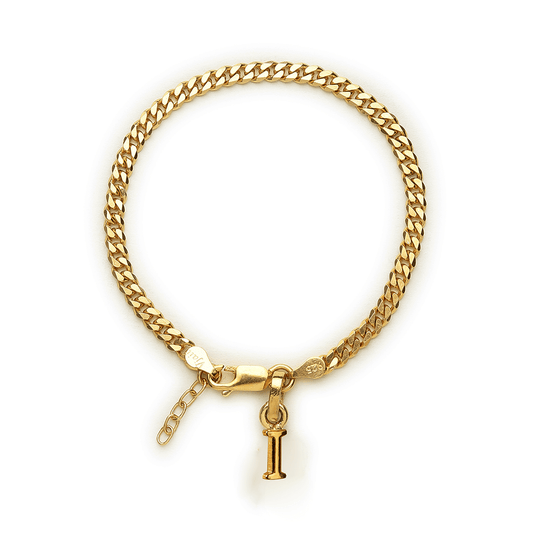 Akshat Sapphire 22KT gold plated 92.5% pure Sterling Silver Curb Designer Bracelet with I Alphabet for Girls and Women