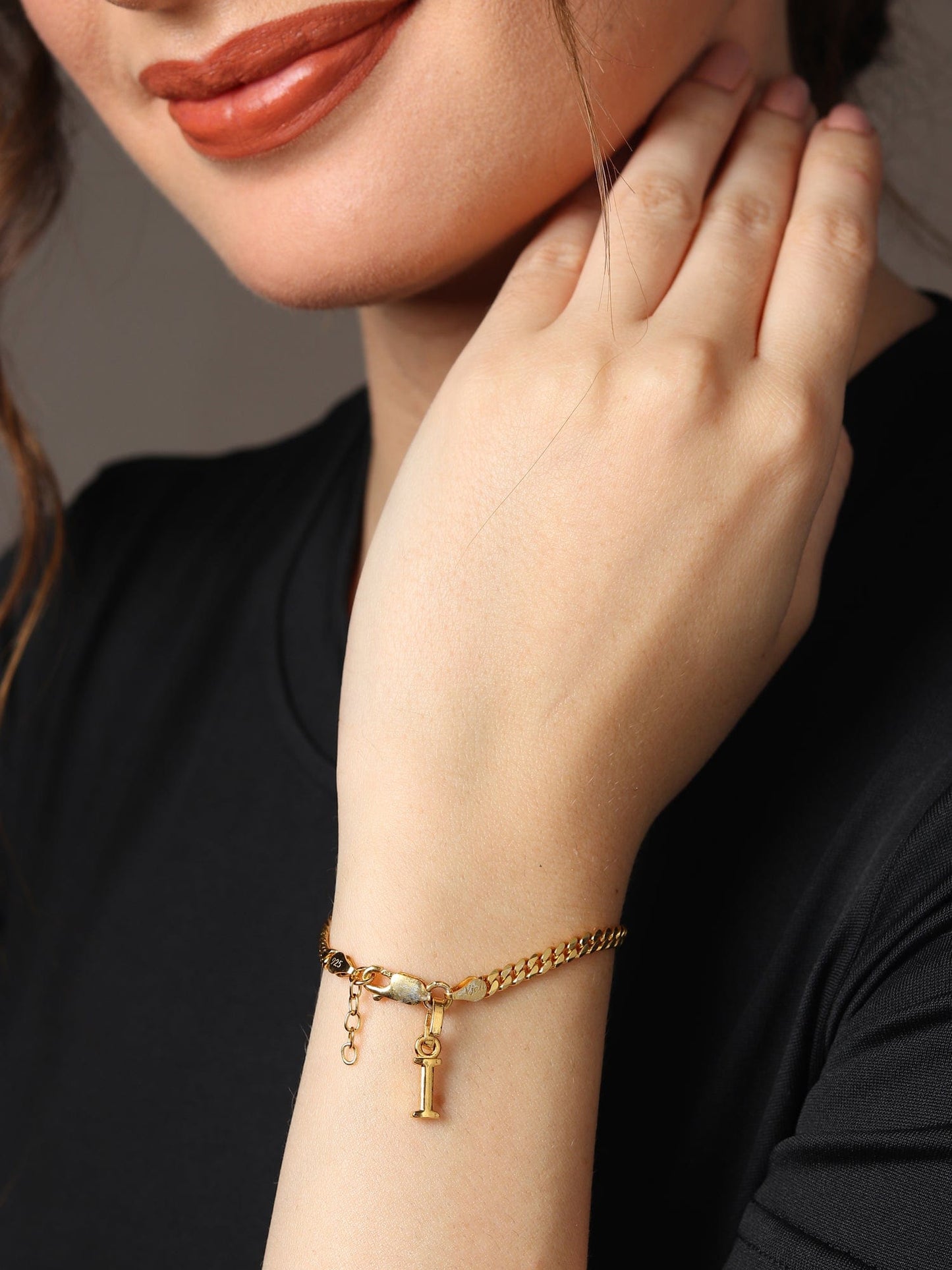 Akshat Sapphire 22KT gold plated 92.5% pure Sterling Silver Curb Designer Bracelet with I Alphabet for Girls and Women