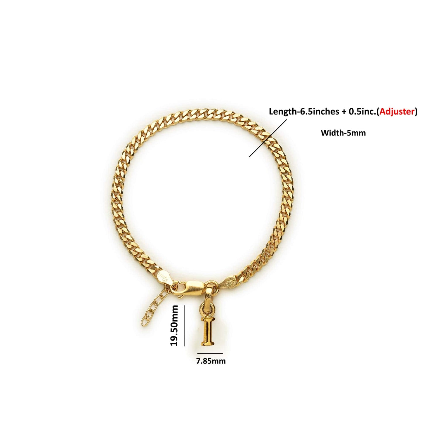 Akshat Sapphire 22KT gold plated 92.5% pure Sterling Silver Curb Designer Bracelet with I Alphabet for Girls and Women