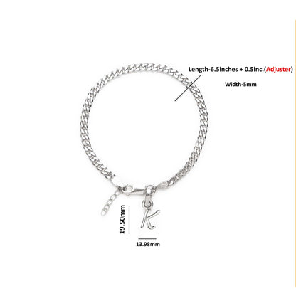 Akshat Sapphire 92.5% pure Sterling Silver Curb Designer Bracelet with K Alphabet for Girls and women