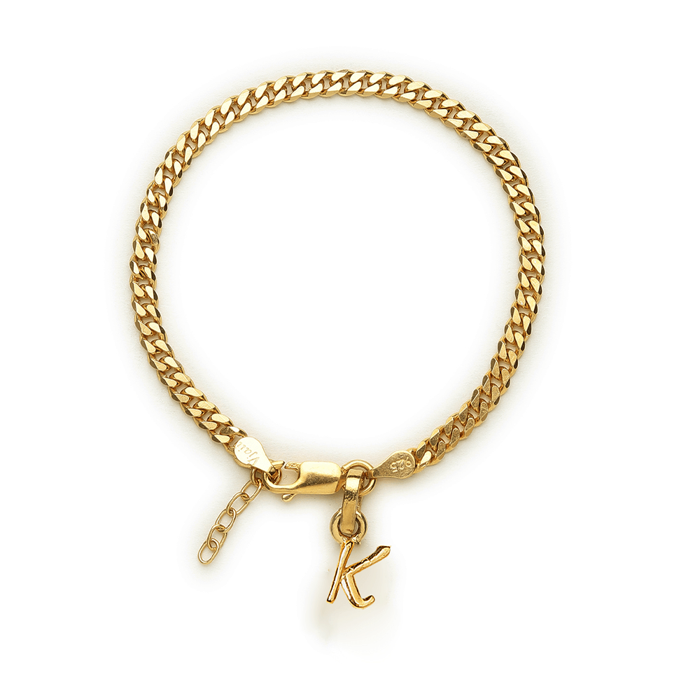 Akshat Sapphire 22KT gold plated 92.5% pure Sterling Silver Curb Designer Bracelet with K Alphabet for Girls and Women