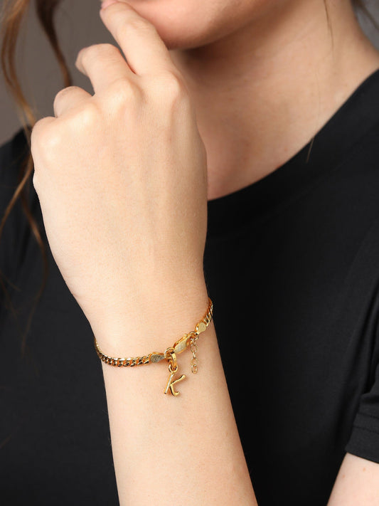 Akshat Sapphire 22KT gold plated 92.5% pure Sterling Silver Curb Designer Bracelet with K Alphabet for Girls and Women