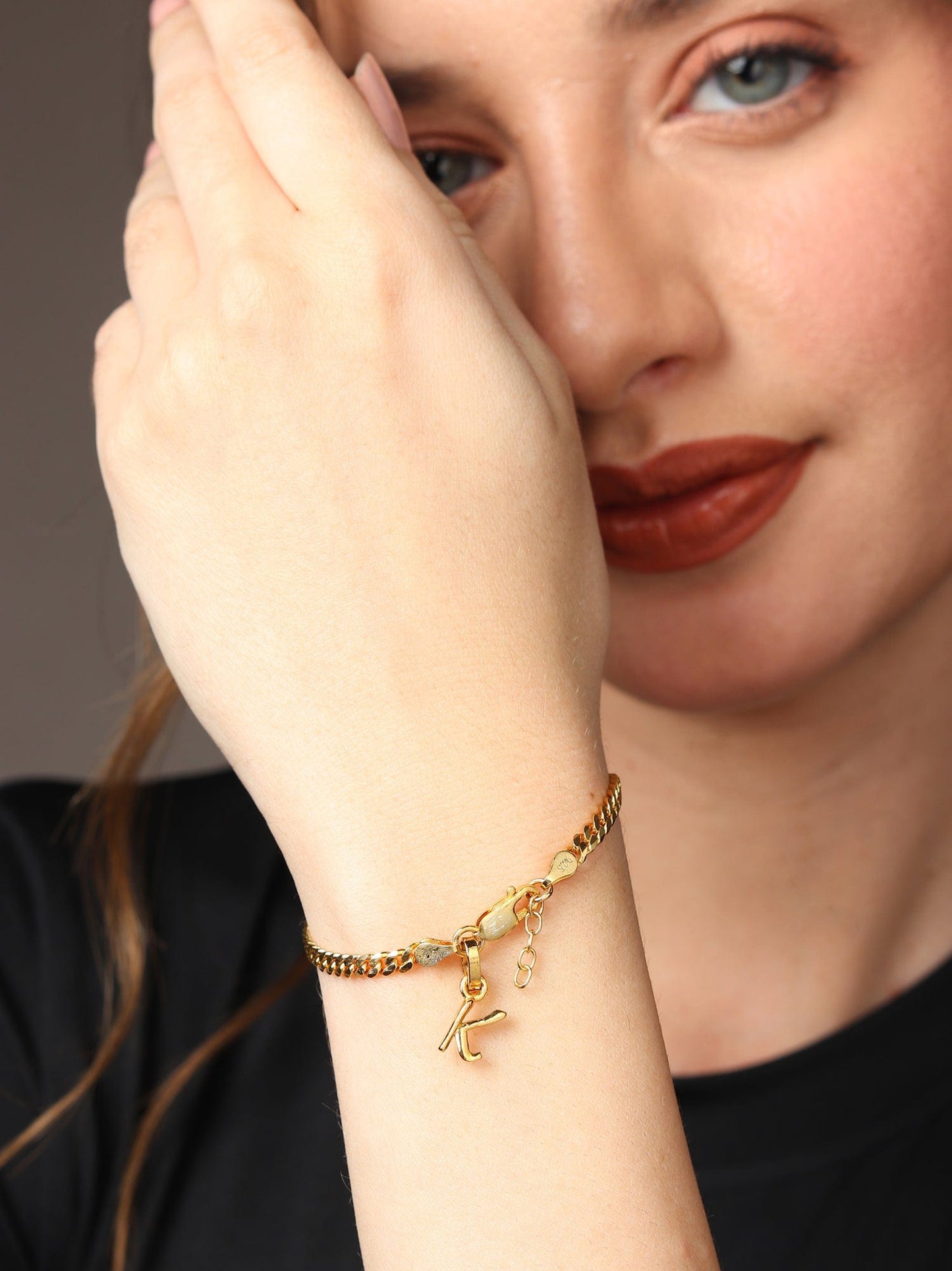 Akshat Sapphire 22KT gold plated 92.5% pure Sterling Silver Curb Designer Bracelet with K Alphabet for Girls and Women