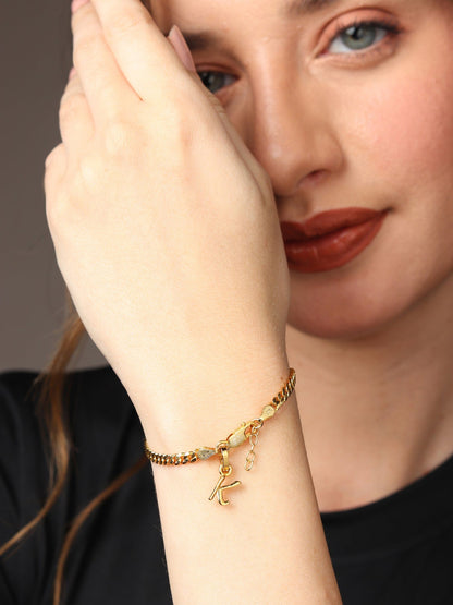 Akshat Sapphire 22KT gold plated 92.5% pure Sterling Silver Curb Designer Bracelet with K Alphabet for Girls and Women