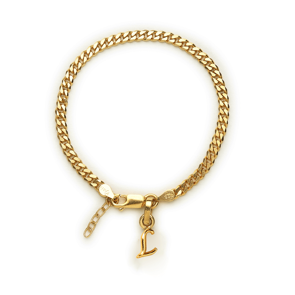 Akshat Sapphire 22KT gold plated 92.5% pure Sterling Silver Curb Designer Bracelet with L Alphabet for Girls and Women