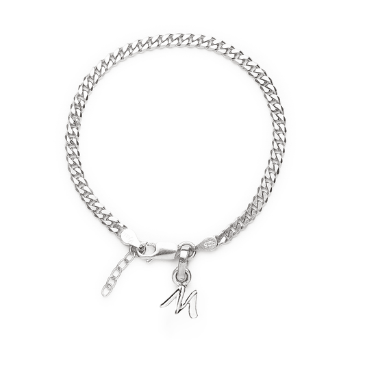 Akshat Sapphire 92.5% pure Sterling Silver Curb Designer Bracelet with M Alphabet for Girls and women