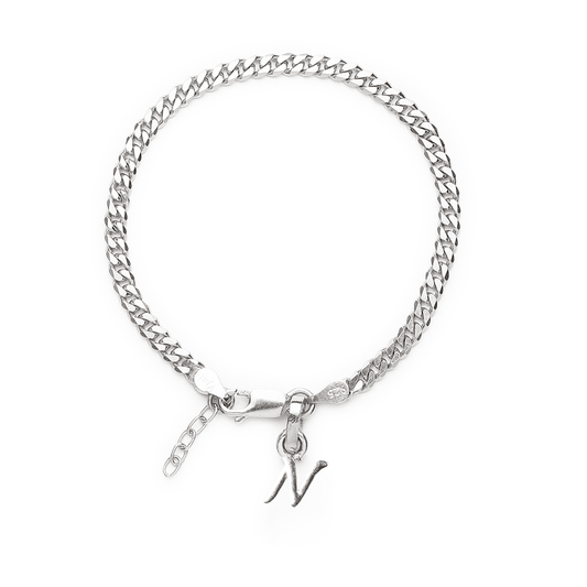 Akshat Sapphire 92.5% pure Sterling Silver Curb Designer Bracelet with N Alphabet for Girls and women