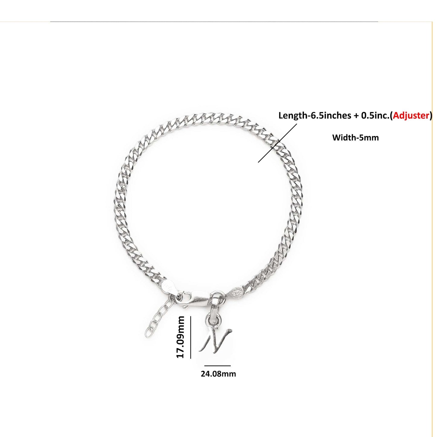 Akshat Sapphire 92.5% pure Sterling Silver Curb Designer Bracelet with N Alphabet for Girls and women