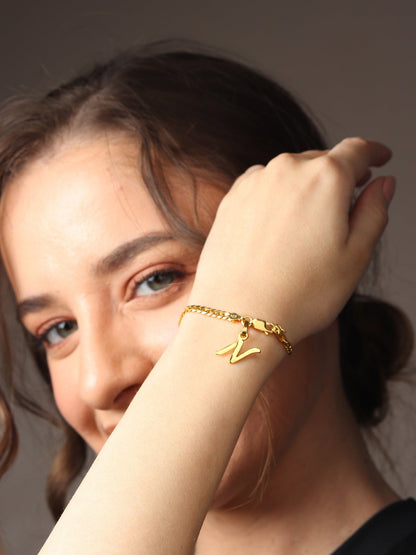 Akshat Sapphire 22KT gold plated 92.5% pure Sterling Silver Curb Designer Bracelet with N Alphabet for Girls and Women
