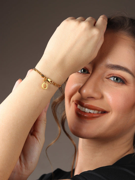 Akshat Sapphire 22KT gold plated 92.5% pure Sterling Silver Curb Designer Bracelet with O Alphabet for Girls and Women