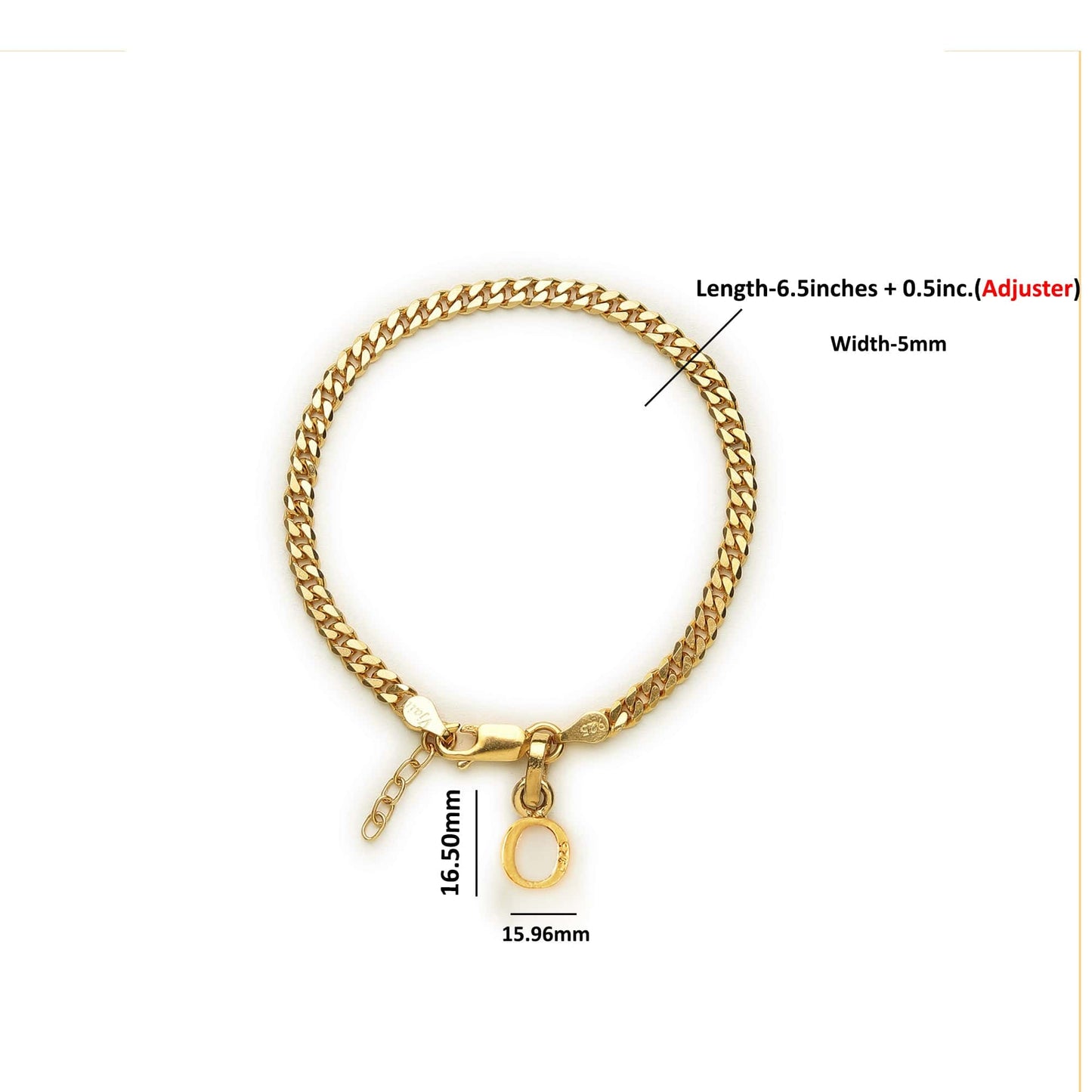 22KT gold plated 92.5% pure Sterling Silver Curb Designer Bracelet with O Alphabet for Girls and Women