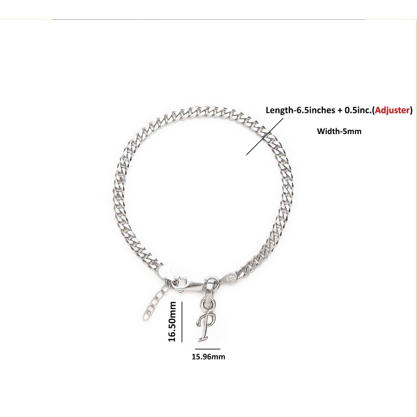 Akshat Sapphire 92.5% pure Sterling Silver Curb Designer Bracelet with P Alphabet for Girls and women