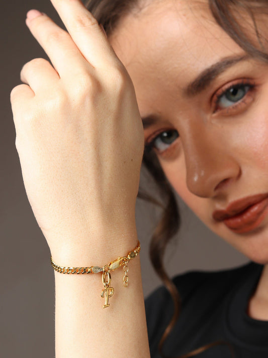 Akshat Sapphire 22KT gold plated 92.5% pure Sterling Silver Curb Designer Bracelet with P Alphabet for Girls and Women