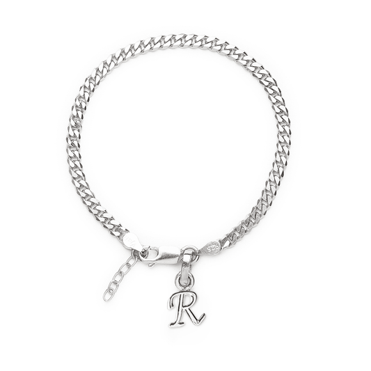 Akshat Sapphire 92.5% pure Sterling Silver Curb Designer Bracelet with R Alphabet for Girls and women