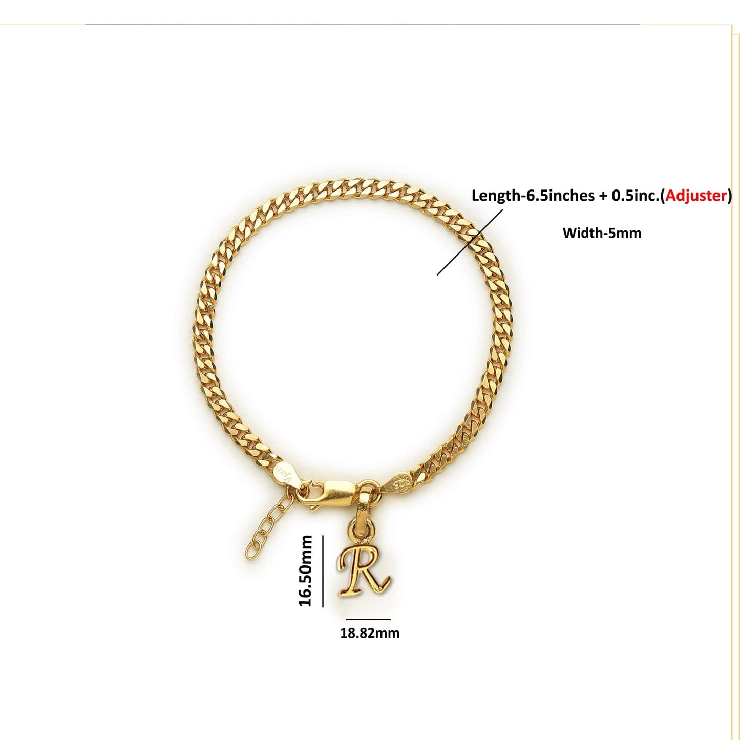 Akshat Sapphire 22KT gold plated 92.5% pure Sterling Silver Curb Designer Bracelet with R Alphabet for Girls and Women
