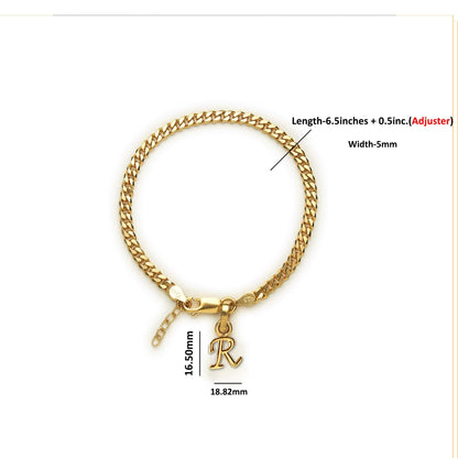 Akshat Sapphire 22KT gold plated 92.5% pure Sterling Silver Curb Designer Bracelet with R Alphabet for Girls and Women