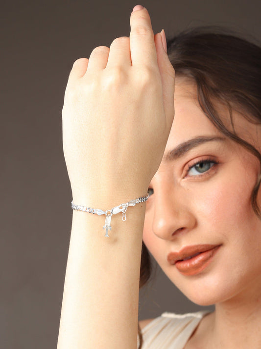 Akshat Sapphire 92.5% pure Sterling Silver Curb Designer Bracelet with T Alphabet for Girls and women