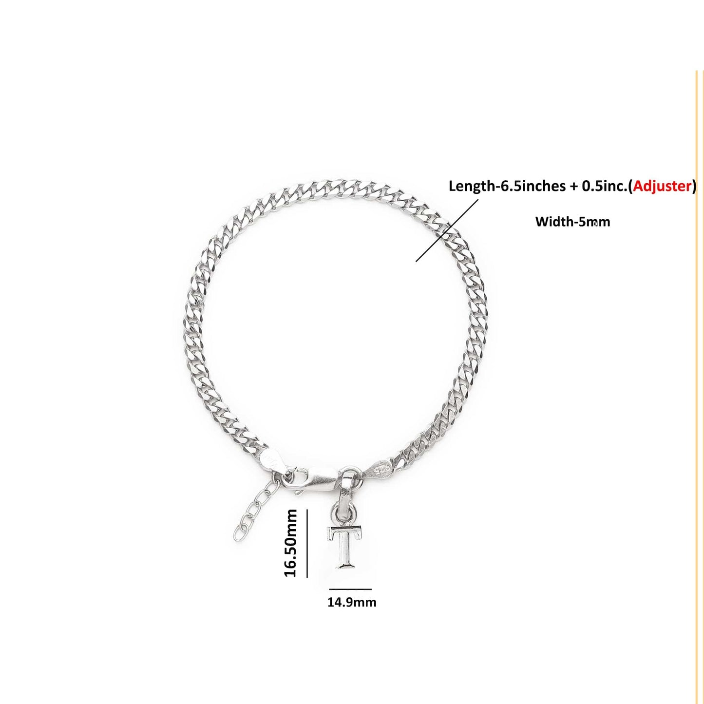 Akshat Sapphire 92.5% pure Sterling Silver Curb Designer Bracelet with T Alphabet for Girls and women