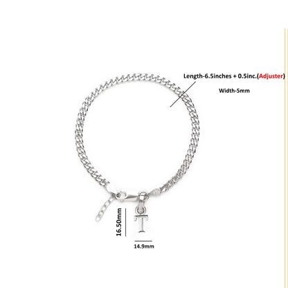 Akshat Sapphire 92.5% pure Sterling Silver Curb Designer Bracelet with T Alphabet for Girls and women