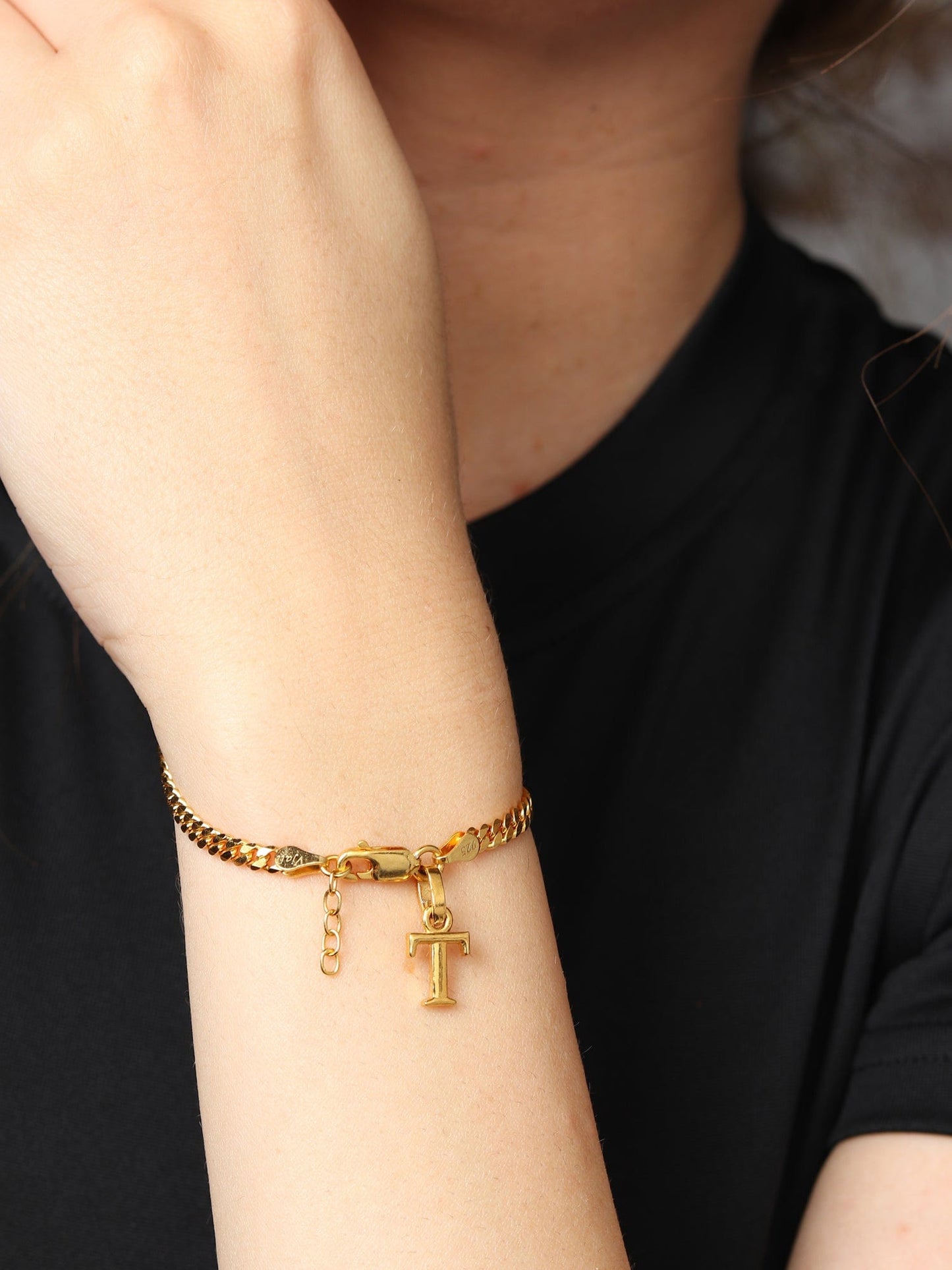 Akshat Sapphire 22KT gold plated 92.5% pure Sterling Silver Curb Designer Bracelet with T Alphabet for Girls and Women