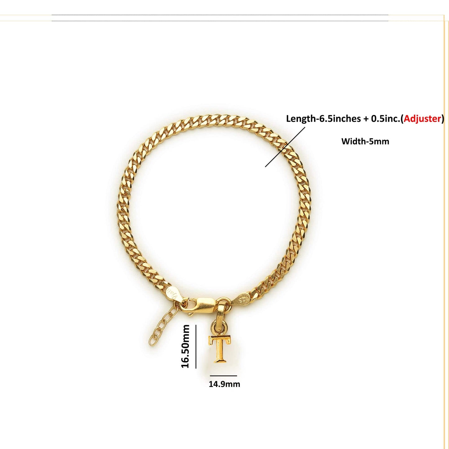 Akshat Sapphire 22KT gold plated 92.5% pure Sterling Silver Curb Designer Bracelet with T Alphabet for Girls and Women