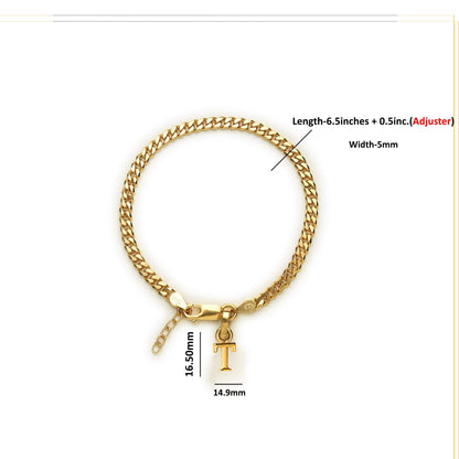 Akshat Sapphire 22KT gold plated 92.5% pure Sterling Silver Curb Designer Bracelet with T Alphabet for Girls and Women