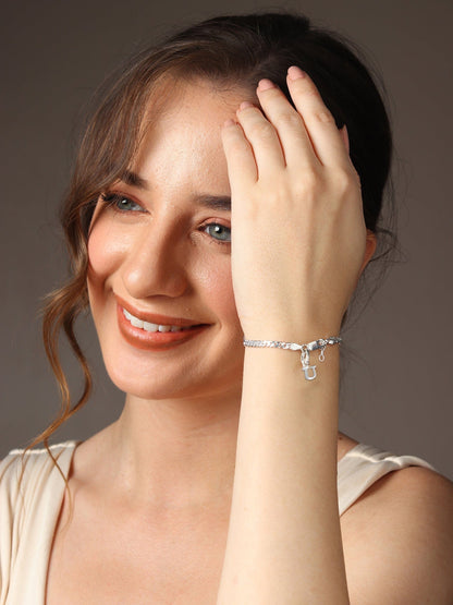 Akshat Sapphire 92.5% pure Sterling Silver Curb Designer Bracelet with U Alphabet for Girls and women