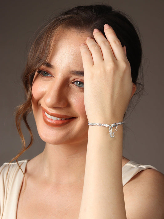 Akshat Sapphire 92.5% pure Sterling Silver Curb Designer Bracelet with U Alphabet for Girls and women
