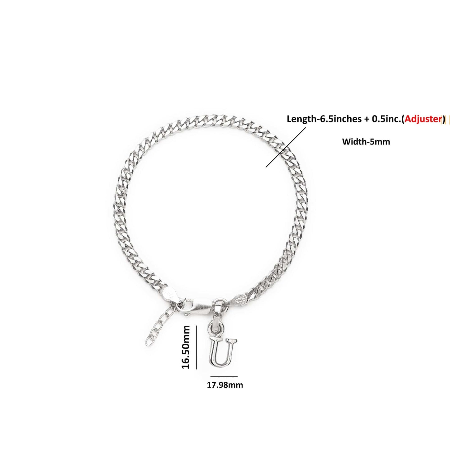 Akshat Sapphire 92.5% pure Sterling Silver Curb Designer Bracelet with U Alphabet for Girls and women