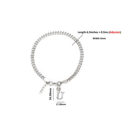 Akshat Sapphire 92.5% pure Sterling Silver Curb Designer Bracelet with U Alphabet for Girls and women