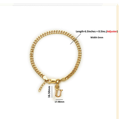 Akshat Sapphire 22KT gold plated 92.5% pure Sterling Silver Curb Designer Bracelet with U Alphabet for Girls and Women