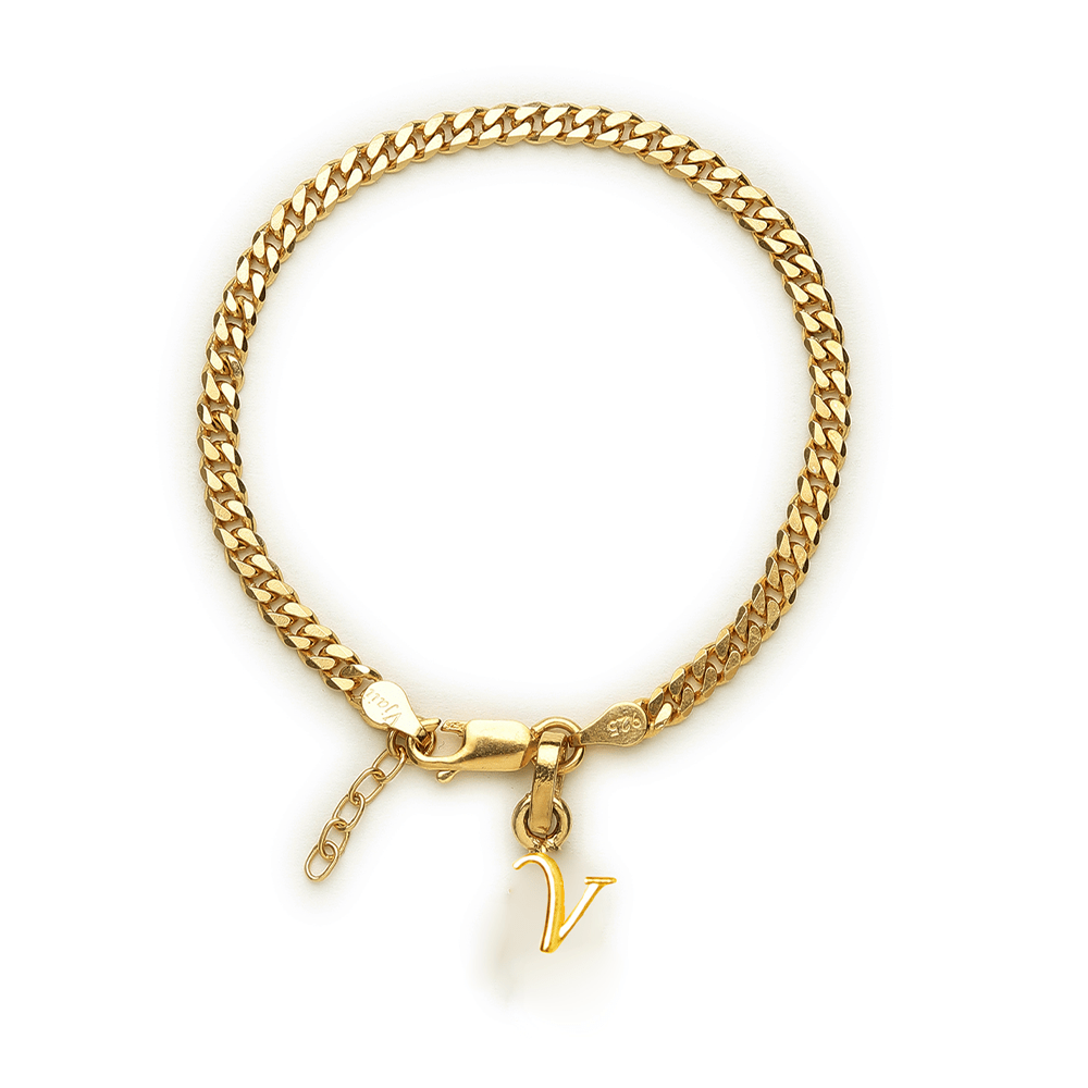 Akshat Sapphire 22KT gold plated 92.5% pure Sterling Silver Curb Designer Bracelet with V Alphabet for Girls and Women