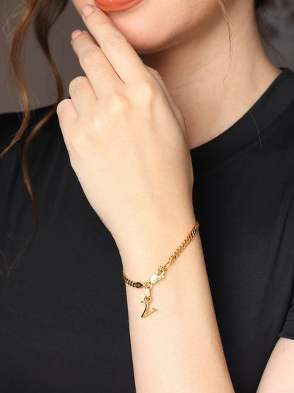 Akshat Sapphire 22KT gold plated 92.5% pure Sterling Silver Curb Designer Bracelet with V Alphabet for Girls and Women