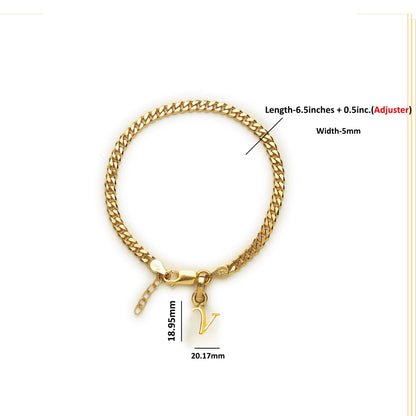 Akshat Sapphire 22KT gold plated 92.5% pure Sterling Silver Curb Designer Bracelet with V Alphabet for Girls and Women