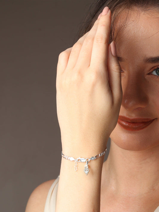 Akshat Sapphire 92.5% pure Sterling Silver Figaro Designer Bracelet with spiritual Trishul for girls and women