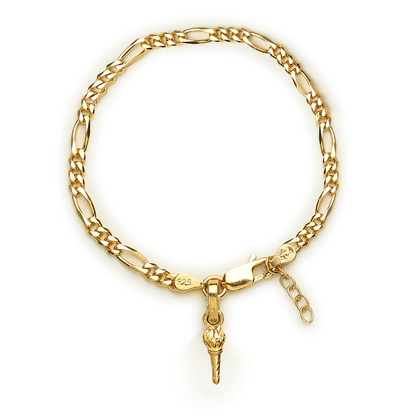 22KT gold plated 92.5% pure Sterling Silver Figaro Designer Bracelet with Hanuman/Bajrang Bali Gada for Girls and Women