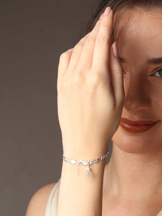 Akshat Sapphire 92.5% pure Sterling Silver Figaro Designer Bracelet with Charm Jesus for Girls and Women