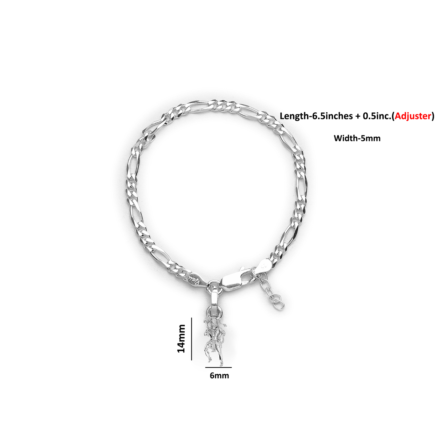 92.5% pure Sterling Silver Figaro Designer Bracelet with Charm Hanuman/Bajrang Bali for Girls and Women