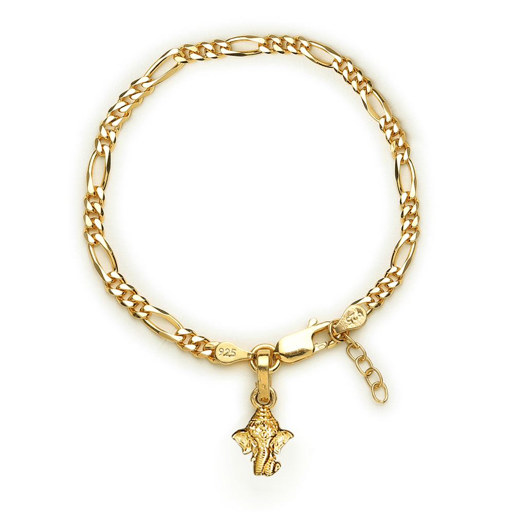Akshat Sapphire 22KT gold plated  92.5% pure Sterling Silver Figaro Designer Bracelet with Charm Ganesh for Girls and Women