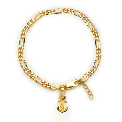 22KT gold plated 92.5% pure Sterling Silver Figaro Designer Bracelet with Ship Anchor for Girls and Women