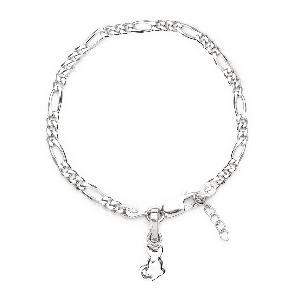 Sterling Silver figaro bracelet with fashionable cat charm for women by akshat sapphire 92.5 silver brwfkd7302